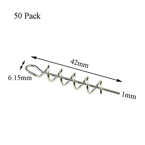 Centering Pin Spring Twist Lock Fishing Screw Worm Hook Crank Grub Rig Fixed Bait Run Straight Self Align Long Enough Secure Not Off Center Stainless Steel for Soft Lure - size: 42mm 50Pcs