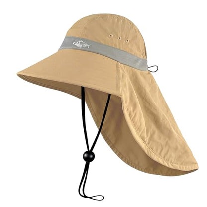 Palmyth Fishing Hat UPF 50+ Sun Protection Neck Flap Hat for Men and Women | Cooling Neck Flap, Water Resistant, Wide Brim, Detachable Chin Strap, Breathable Mesh, Sweatband, Adjustable Buckle, Packable - color: Khaki