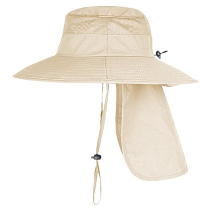 Sun Hats for Men Women Fishing Hat UPF 50+ Breathable Wide Brim Bucket Hats Summer UV Protection Safari Hat with Neck Flap - color: Beige