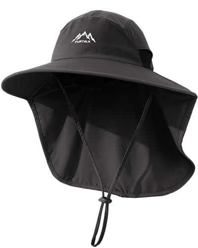 FURTALK Sun Hats for Men Women Fishing Hat with Neck Flap Chin Strap UPF 80+ Wide Brim Hiking Safari Summer Hats - color: Black