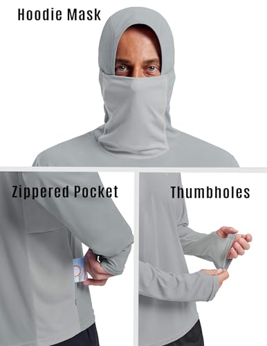 PINSPARK UPF 50+ Sun Protection Hoodie Men with Mask Quick Dry Long Sleeve Fishing Hiking Shirts UV Rash Guard Lightweight - color: Light Grey, size: 3X-Large