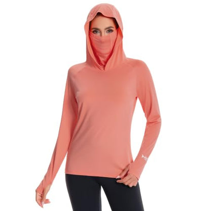 BASSDASH Women’s UPF 50+ Hoodie Shirt with Breathable Face Mask - color: Peach Amber, size: Large