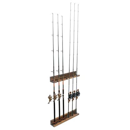MyGift Fishing Rod Holder, Wall Mounted Burnt Wood Fishing Pole Holders for Garage, Adjustable Vertical Hanging Garage Storage Fisherman Gear Rack Holds 6 Rods, Christmas Gift