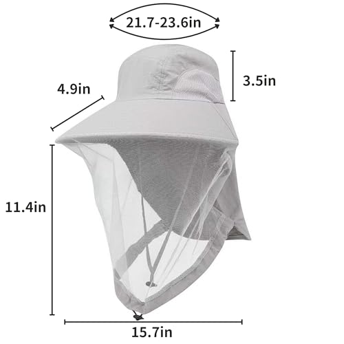 Mosquito Fishing Safari Mesh Net Hat with Neck Flap, Sun Protection Women Men Bug Cap, Hidden Netting Boonie - color: Light Gray