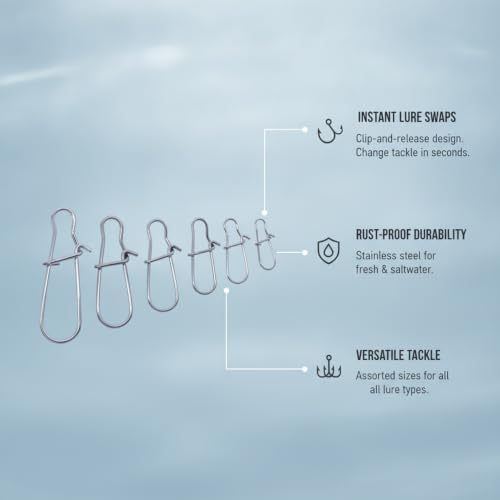 Gourd-Shape Stainless Steel Lure Snaps, Silver Finish Quick-Change Connectors for Saltwater and Freshwater Fishing Tackle (100-Pack Assorted Sizes) - size: 2.56 x 2.17 x 0.59"