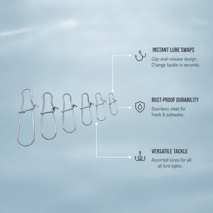 Gourd-Shape Stainless Steel Lure Snaps, Silver Finish Quick-Change Connectors for Saltwater and Freshwater Fishing Tackle (100-Pack Assorted Sizes) - size: 2.56 x 2.17 x 0.59"