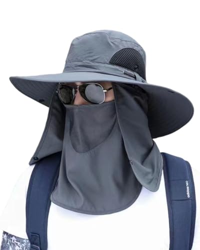 Mens Sun Hat with Neck Flap & Face Cover UPF 50+ Ultimate 360° All Terrain UV Protection Wide Brim Bucket Hats Hiking Fishing - color: Dark Gray
