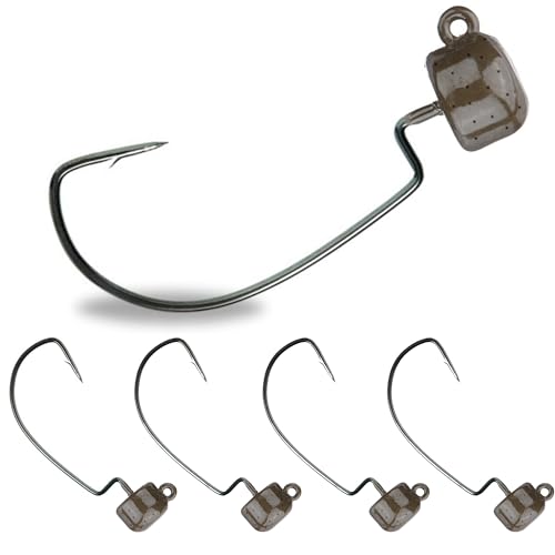 Reaction Tackle Tungsten Mushroom Head Jig Heads, Ned Rig Shroom Jigs for Finesse Bass Fishing, Stand Up Bait with Weedless and EWG Hook Options (5-Pack) - color: Green Pumpkin, size: 1/15 Oz EWG