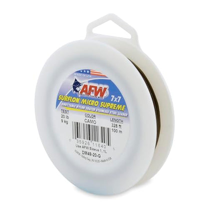 American Fishing Wire Surflon Micro Supreme Nylon Coated 7x7 Stainless Steel Leader Wire - Knottable Wire Leaders for Fishing Saltwater, Fly Fishing, 13lb Test - 90lb Test, Bright, Black & Camo Colors - color: Camo, style: 100 Meter, 20 Pound Test