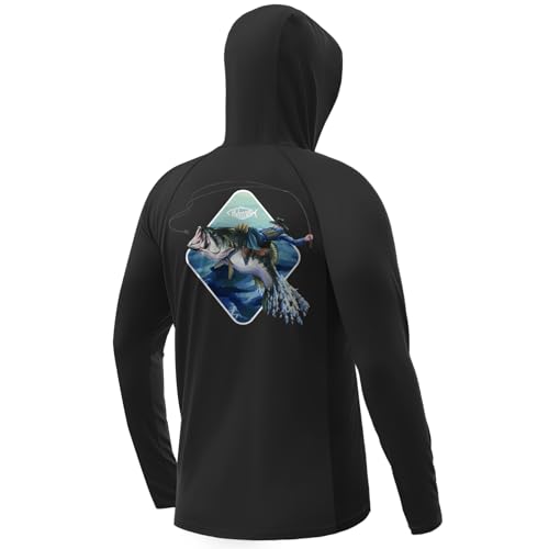 Palmyth Fishing Hoodie for Men Long Sleeve Sun Protection UV UPF 50+ Shirts - color: Black/Cowboy Rides Bass, size: Medium