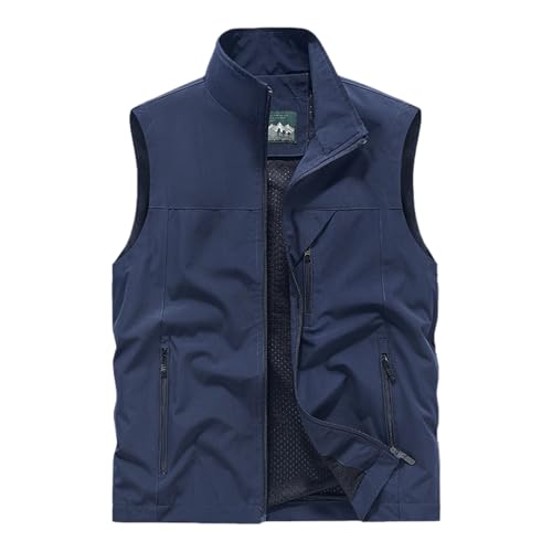 Mens Casual Vests Sleeveless Zip Up Lightweight Fishing Vests Hiking Tactical Windbreakers Outerwear with Pockets - color: #04 Dark Blue, size: XX-Large