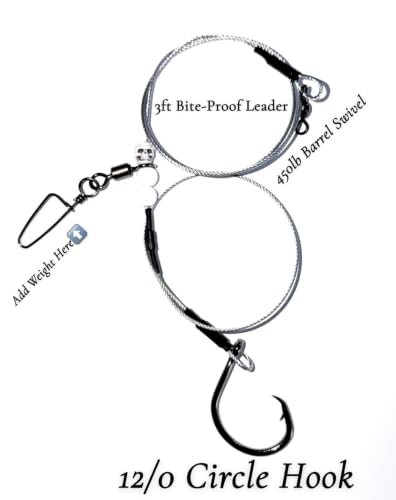 The Reaper Keeper Pro Shark Rig – 3ft 480lb Bite-Proof Stainless Leader, 12/0 Circle Hook, for Surf Casting and Big Game Fishing