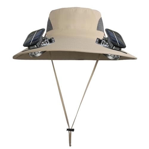 Solar Powered Fan Hat with 2 Fans, Wide Brim Sun Hat for Men Women, Adjustable Cooling Fishing Hat for Outdoor - color: Khaki