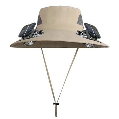 Solar Powered Fan Hat with 2 Fans, Wide Brim Sun Hat for Men Women, Adjustable Cooling Fishing Hat for Outdoor - color: Khaki