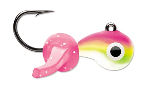 VMC Tungsten Mustache Jig, High-Density Ice Fishing Jig with Lifelike Larvae Body and Soft Appendages for Panfish, Crappie, Bluegill, Perch, and Trout - color: Pink Chartreuse, size: 1/16 oz.