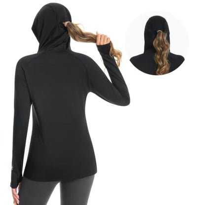 BASSDASH Women’s UPF 50+ Hoodie Shirt with Breathable Face Mask - color: Black, size: Large