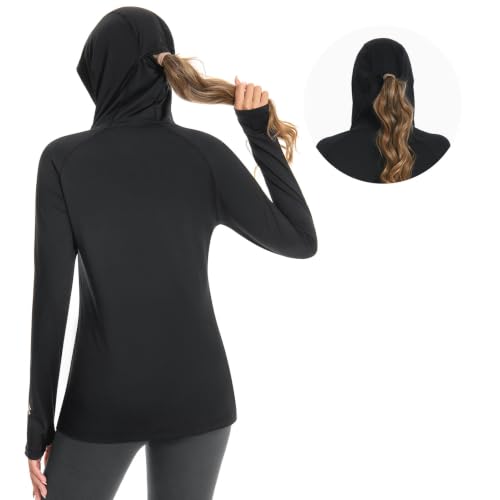 BASSDASH Women’s UPF 50+ Hoodie Shirt with Breathable Face Mask - color: Black, size: Small