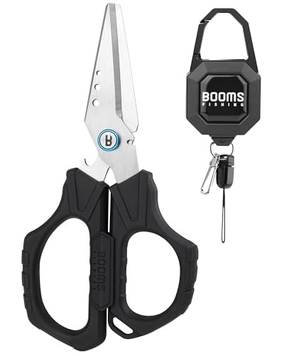 Booms Fishing Braided Line Cutter: 6.3in Multifunction Fishing Scissors with Retractor - Fishing Shears with Serrated Blades and Side Wire Cutter, S04 - style: Scissors with Retractor