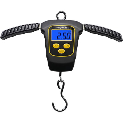 Fish Scale 110lbs/50kg Portable Hanging Fishing Weight Scale Digital Spring Balance Folding Handles Bag Weight Scale Waterproof Hanging Hook Scale with Back-lit LCD Display Fishing Gift for Men