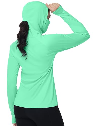 isnowood Women's Sun Protection Hoodie UPF 50+ Hiking Fishing Shirt, Long Sleeve UV Rash Guard with Face Mask Lightweight - color: Mint Green, size: X-Small