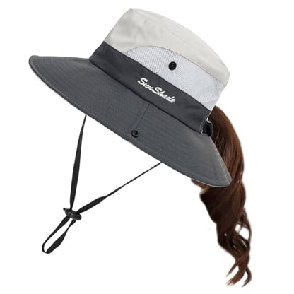Sun Hat for Women Summer UV Protection Beach Hat Wide Brim Mesh Bucket Fishing Hat with Ponytail Hole Foldable Packable Hat - color: Beige Grey(with Ponytail Hole)