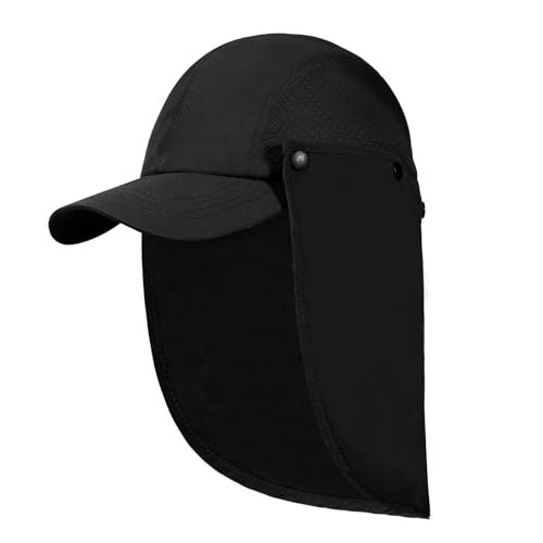 Mens L/XL/XXL Sun Hat with Removable Neck Flap UPF 50+ Fishing Hat Waterproof Quick Dry Breathable Baseball Cap for Cycling - color: Black, size: Medium-Large