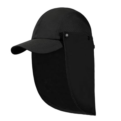 Mens L/XL/XXL Sun Hat with Removable Neck Flap UPF 50+ Fishing Hat Waterproof Quick Dry Breathable Baseball Cap for Cycling - color: Black, size: Medium-Large