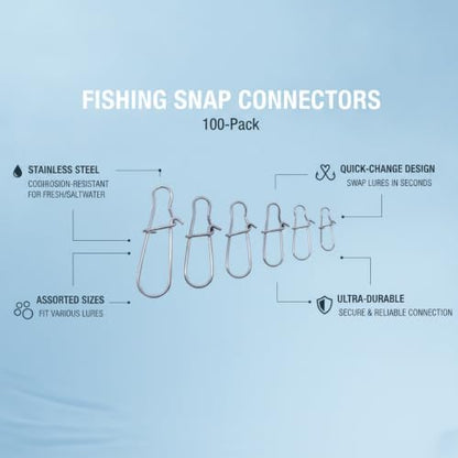 100-Pack Fishing Snap Connectors, Stainless Steel Lure Snaps for Quick Tackle Swapping, Assorted Sizes Saltwater and Freshwater Terminal Tackle Accessories - size: 3.54 x 2.76 x 0.79"