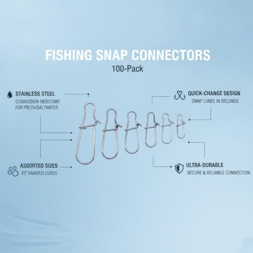 Gourd-Shape Stainless Steel Lure Snaps, Silver Finish Quick-Change Connectors for Saltwater and Freshwater Fishing Tackle (100-Pack Assorted Sizes) - size: 3.54 x 2.76 x 0.79"