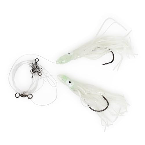 UMT Tile Fish Hi-Lo Fishing Rig 10/0 Snelled Octopus Mustad Hook, Pink & White Glow, Glow in The Dark Skirts Deepsea Fishing Rigs, Heavy Duty 3-Way Swivel 1, 5, 10 Pack Options - color: Glow
