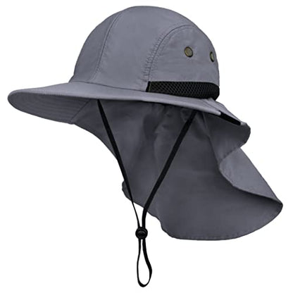 SUN CUBE UPF50+ Sun Hat for Men Women with Neck Flap, Wide Brim UV Protection Fishing Safari Hat for Hiking Beach Gardening - color: Gray