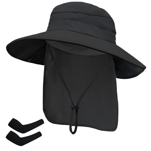 Sun Hats for Men Women, UPF50+ Protection Safari Hat,Wide Brim Fishing Hat with Neck Flap,Bucket Hats for Beach Hiking - color: Blacksleeves