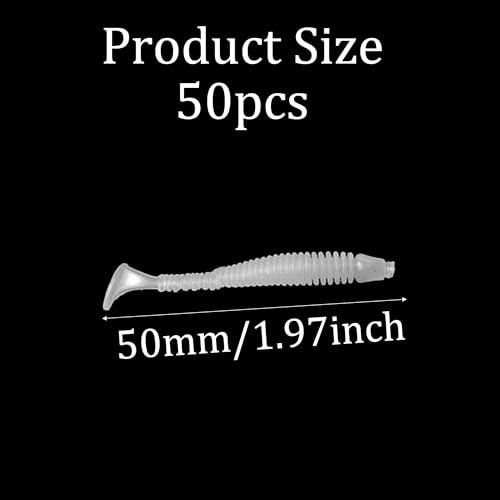 50PCS 5cm Soft Plastic Fishing Lures, PVC Paddle Tail Swimbaits for Bass Trout Walleye Crappie, T-Tail Grub Worm Baits Tackle Accessory - color: White