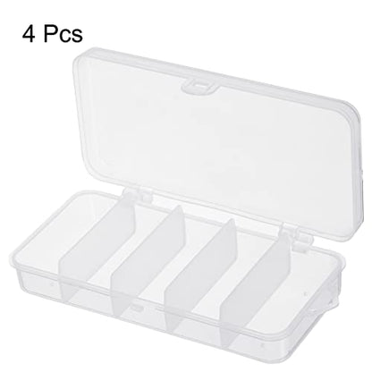 Fishing Tackle Box, 4 Pack 4.9 x 2.4 x 1 Inch Plastic 5-Grid Fish Lure Bait Hooks Accessory Storage Container, Clear