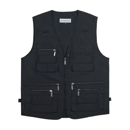 Men's Stone Washed Denim Multi-pocketed Fishing Work Outerwear Vest - color: Pure Black, size: 6X-Large