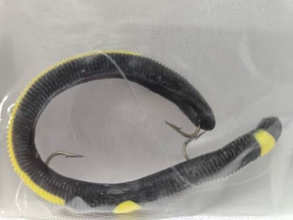 Kelly's Striper 12 Pack Anise Scented 3 Hook Pre-Rigged Worms, Plastic, 5.5 Inches, 8 Colors, Made in USA - color: Black/Yellow