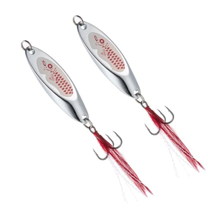 Goture Metal Spoon Trout Lures - Long Distance Casting for Trout, Bass, Crappie, Pike, Salmon - Saltwater & Freshwater - 1/4oz to 1-3/8oz Jigging Spoons - color: A:2pcs Fishing Spoons with Feather, size: 1-3/8 oz