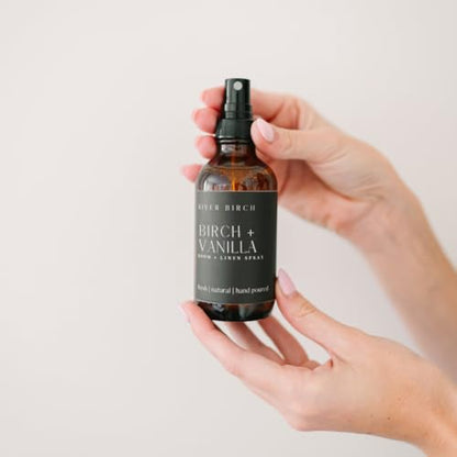 River Birch Birch + Vanilla Scented Linen and Room Spray | Home Fragrance | 4 oz Glass Amber Bottle | Luxury Signature Scent | Handmade in Texas - color: Birch + Vanilla