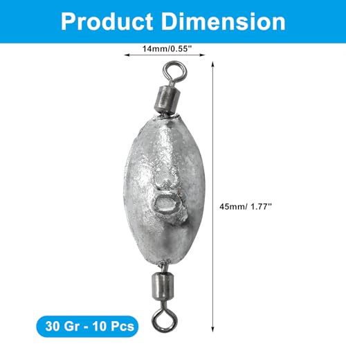 Uenhoy Fishing Weights Inline Trolling Fishing Sinker Tackle with Inner Swivels, Oval Drop Casting Fishing Weight Sinkers - size: 1 oz, 10pcs