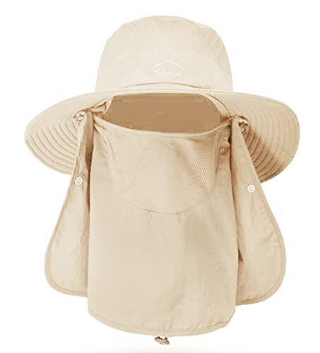 Fishing Hat for Men & Women, Outdoor UV Sun Protection Wide Brim Hat with Face Cover & Neck Flap - color: Beige