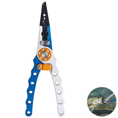 Aluminum Fishing Pliers with Hook Remover, Extended Throat, Split Ring Tool, for Saltwater Fishing, Lightweight Braid Line Cutters, Crimping Sleeves, Anti-Lost Lanyard, Nylon Sheath