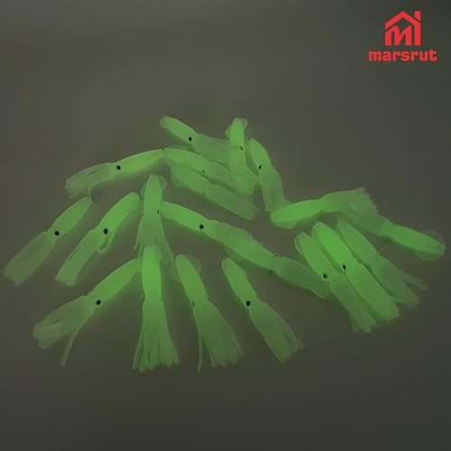 20pcs Luminous Octopus Trolling, Squid Lures Fishing Saltwater, Glow in Dark, Soft Colorful Bait Squid Skirts Fishing Lures Set for Saltwater Freshwater, 3.74 Inch x 1.10 Inch, Green When Glowing
