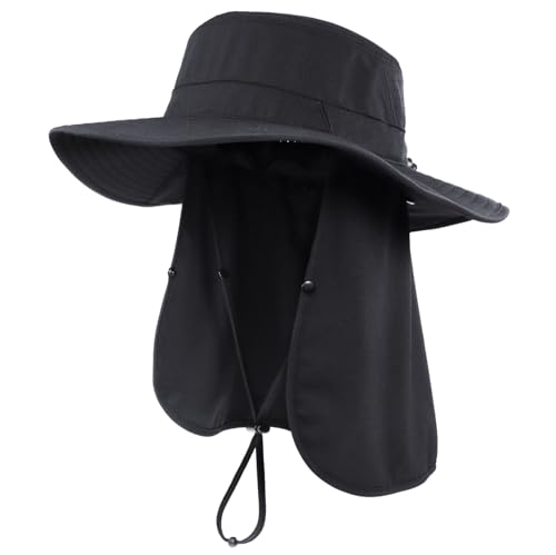 Connectyle Men's Wide Brim Sun Hat with Neck Flap UPF 50+ Packable Breathable Boonie Bucket Hat for Fishing Hiking Safari - color: Black