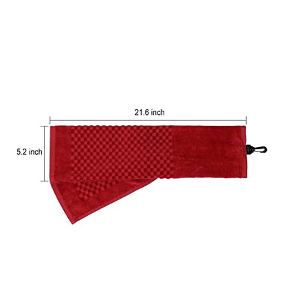 Cotton Golf Towel with Clip - Tri-fold Golf Towel for Men & Women, Checkered Pattern Design (Red) - color: Red