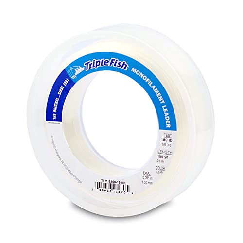 Triple Fish Monofilament Fishing Leader - Clear, Camo Strong Tough Leader Material for Big Game Fishing, Up to 400lb Test - color: Clear, style: 150 Lb Test, 1.30 Mm Dia, 100 Yd