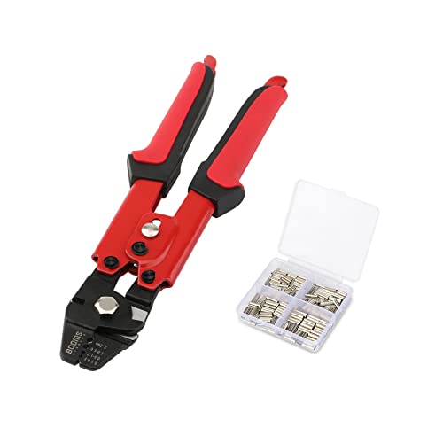 Booms Fishing CP1 Fishing Crimping Pliers, High Carbon Steel Fishing Plier Wire Rope Leader Crimping Tool, 10 inch Crimpers Swager with Ergonomic Handle - style: Red with 140pcs Sleeves