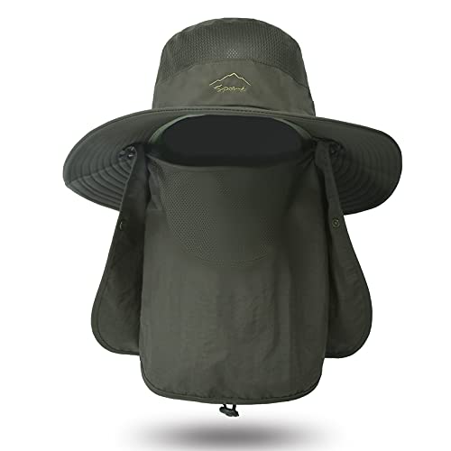 Fishing Hat for Men Sun Protection Hat with Removable Mesh Face Neck Flap Cover Windproof Strap for Men and Women - color: Green