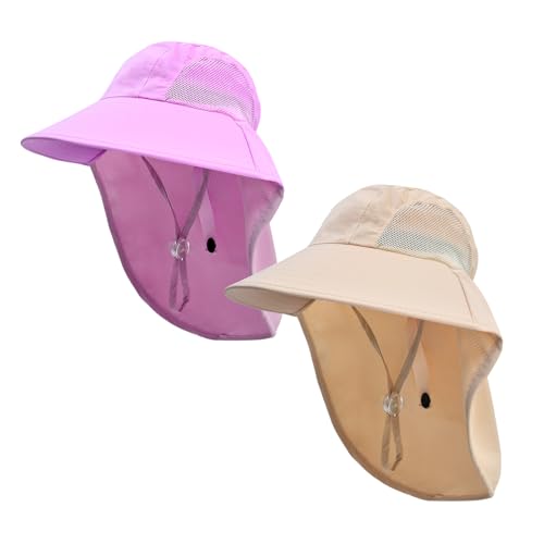 Rosoz Kids Sun Hat with Neck Flap UV Protection Summer Toddler Beach Hat Unisex Ponytail Hat Wide Brim Fishing Hat - color: 2pack-purple+beige