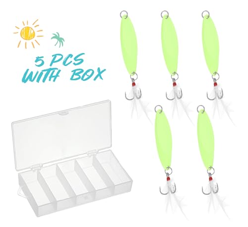 Fishing Spoons Fishing Lures Hard Metal Spinner Baits Glow in The Dark Casting Spoon Treble Hooks Jigs for Freshwater Saltwater，5 PCS with Box - size: 1/2oz