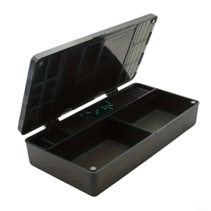 Carp Fishing Tackle Box with 10 Rig Pins, Deep Compartment for Spools and Tools, PVC Storage System for Leader Lines and Accessories, Black